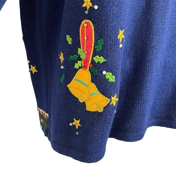 Vtg Arriviste Women Large Dancing Reindeer Ugly Christmas Sweater Cardigan Blue - Picture 11 of 13